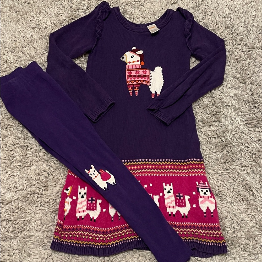 2021 Gymboree “Little Llama” Llama Sweater Dress & Llama Leggings, Size 7